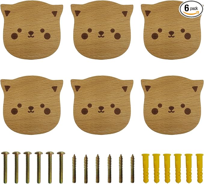 6PCS Wooden Cat Shaped Cabinet Knobs, Cabinet Handles, Single Hole Beech Wood Handles, Wood Hooks with Full Set of Screw Accessories