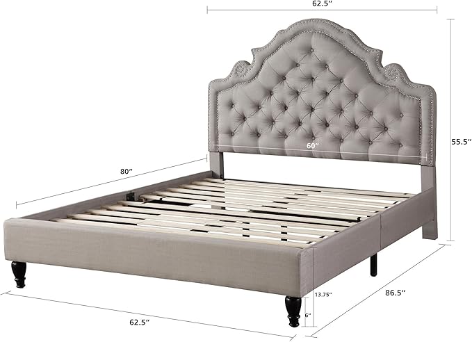 HomeLife Premiere Classics 51" Tall Platform Bed with Cloth Headboard and Slats - Full (Light Grey Silver)
