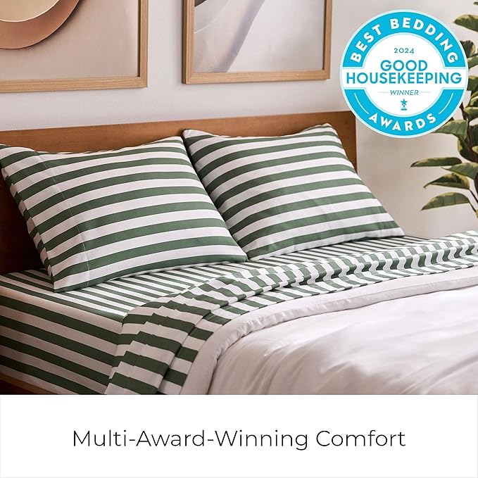 Mellanni King Sheets Set - 4 PC Iconic Collection Bedding - Hotel Luxury, Extra Soft, Cooling Bed Sheets - Wrinkle, Fade, Stain Resistant (King, Oxford Stripe Sage)