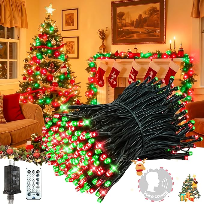 Voice Control 88ft 240LED Smart Christmas String Lights Outdoor/Indoor | String Lights Plug in with Remote, 12Modes, 7Voice Commands & Timers, Christmas Twinkle Light for Xmas Tree Decor (Red & Green)