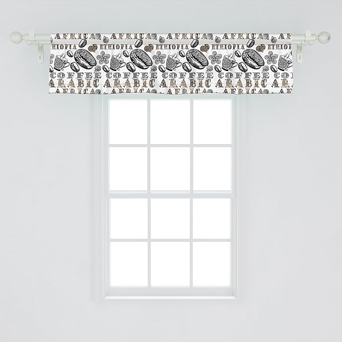 Ambesonne Modern Window Valance, Coffee Beans with Ornamental Words Ethiopians Pattern, Curtain Valance for Kitchen Bedroom Decor with Rod Pocket, 54" X 12", Sand Brown Black