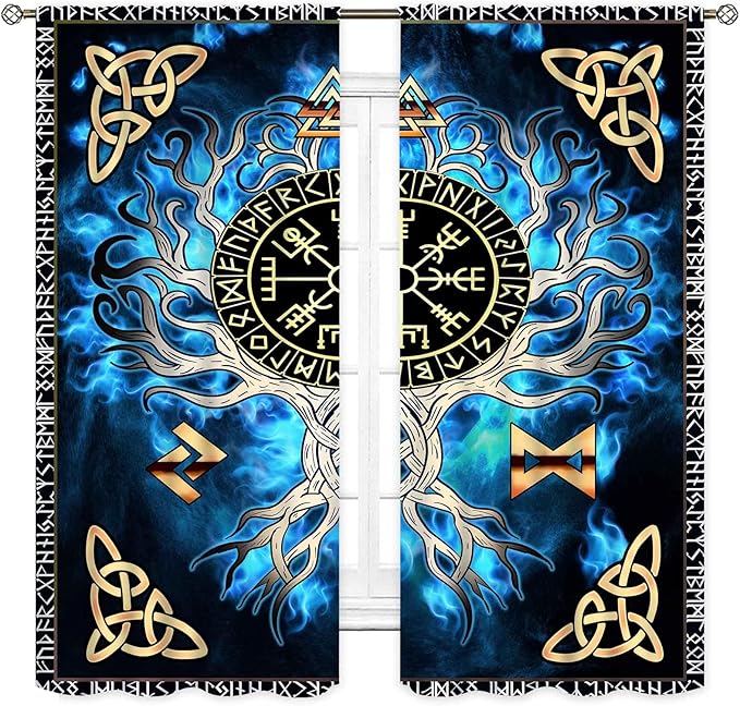 Tree of Life Curtains, Vikings Celtic Nordic Life Tree Scandinavian Aesthetic Mythology Blue Window Drapery Treatments for Bedroom Living Room Bathroom 2 Panels, 63"x63" Inch