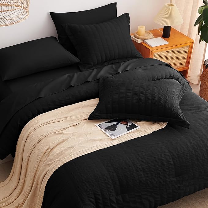 CozyLux California King Comforter Set with Sheets 7 Pieces, Black Seersucker Bed in a Bag Cal King Luxury Soft Bedding Sets with Down Alternative Comforter, Sheets, Pillowcases & Shams for All Season