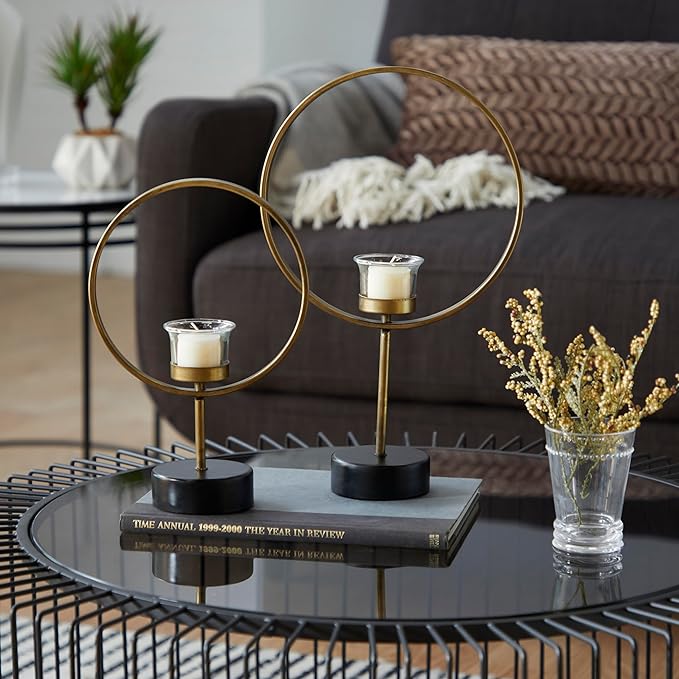 Deco 79 Metal Decorative Candle Holder Circular Votive Candle Stand, Set of 2 Candlestick Holder 15", 11"H, Gold