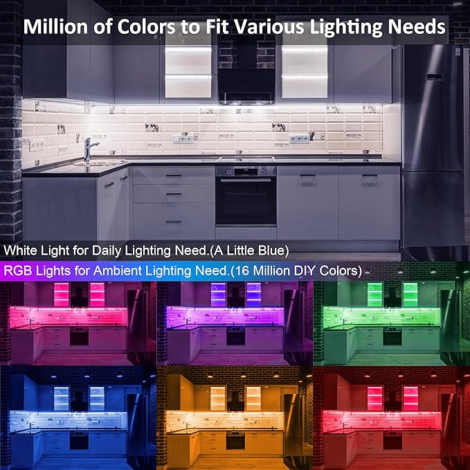 6 Pcs RGB Under Cabinet Lights Kit, Smart App and Remote Control Under Cabinet Lighting, Dimmable Under Counter Lights for Kitchen, Plug in LED Lights Bar for Cabinet, Counter, Workbench, Desk