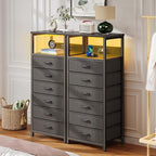 Seventable Night Stand with Charging Station, Tall Nightstand with 6 Fabric Storage Drawers, Side Table with LED Light for Bedroom, Entryway, Black, Set of 2