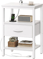 SUPERJARE Nightstand with Charging Station, Bed Side Table with Adjustable Fabric Drawer, Night Stand for Bedroom, 3-Tier Storage End Table, for Living Room, White