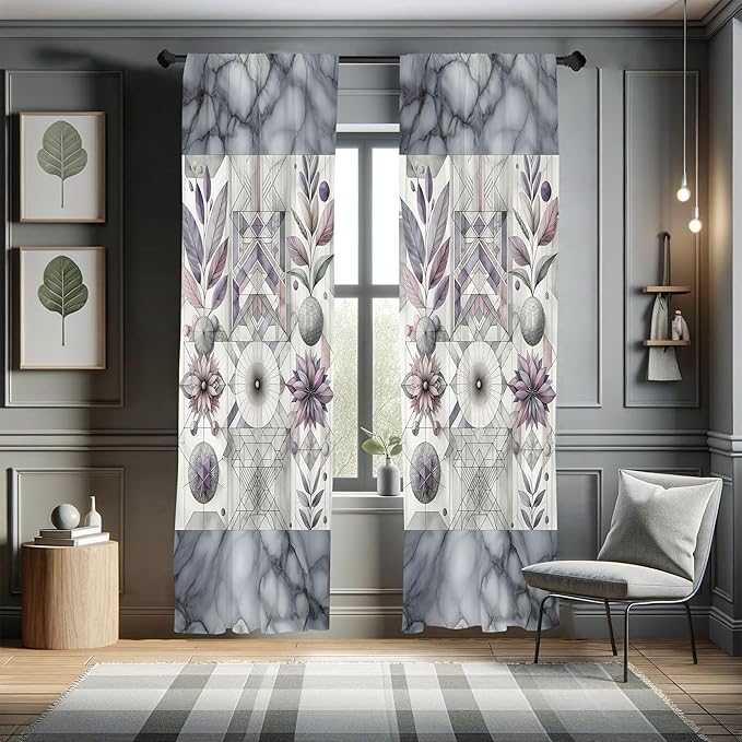 Ambesonne Geometric Floral Window Curtains, Classic Marble Print Ornate Leafy Flowers and Futurist Stripes, Lightweight Decor 2-Panel Set with Rod Pocket, Pair of - 28" x 63", Ceil Blue Laurel Green
