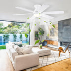 Ceiling Fans with Lights- 52" Low Profile Indoor Ceiling Fan with Light and Remote/APP Control, Flush Mount, 6 Blade, LED Dimmable DC Reversible Modern Ceiling Fan for Bedroom（White）