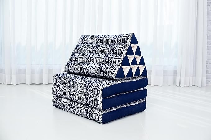 Leewadee - Comfortable Japanese Floor Mattress - Thai Floor Bed with Triangle Cushion - Futon Mattress - Thai Massage Mat, 67 x 21 inches, Blue White, Kapok Filling