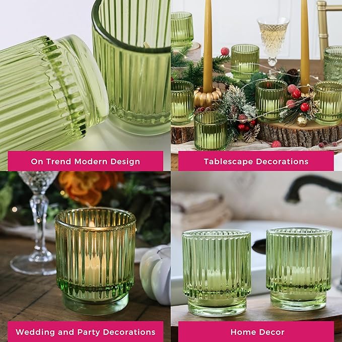 Kate Aspen Vintage Ribbed Glass Candle Holder Decor, Green Votive Candle Holders for Holiday Table Decor, Tealight Candles Holder Glass, Dinning & Christmas Table Decoration Tablescape (Pack of 36)