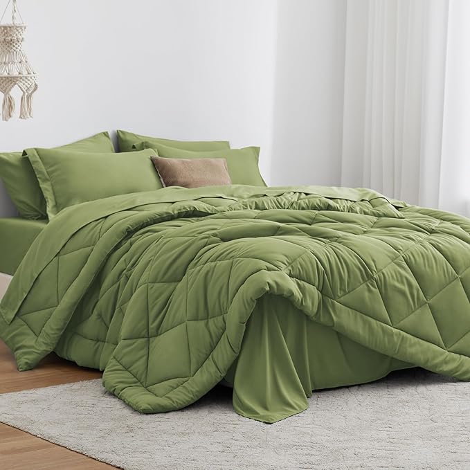 Love's cabin King Size Comforter Set Olive Green, 7 Pieces King Bed in a Bag, All Season Bedding Sets with 1 Comforter, 1 Flat Sheet, 1 Fitted Sheet, 2 Pillowcase and 2 Pillow Sham