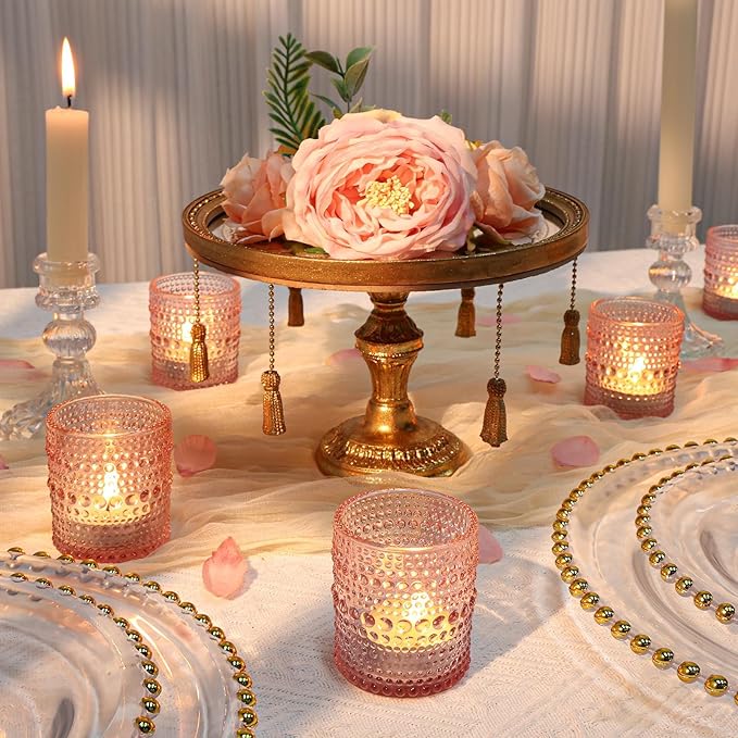 24 Pcs Votive Candle Holders, Pink Glass Candle Holder Bulk for Table Centerpiece, Tea Lights Candle Holders for Wedding Shower, Party and Home Decor