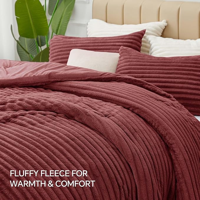 BEDELITE Fleece Twin Comforter Set -Super Soft & Warm Fluffy Burgundy Bedding, Luxury Fuzzy Heavy Bed Set for Winter with 1 Pillow case