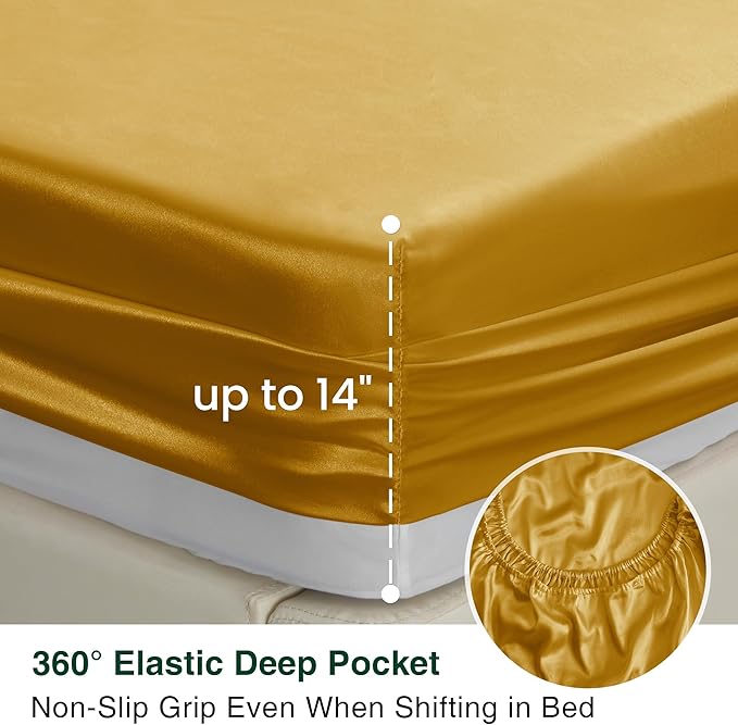 Love's cabin Satin Queen Sheets Set - 4 Piece Gold Silky Bed Sheets with Deep Pocket, Luxury Silk Feel Satin Queen Size Sheet Set (1 Flat Sheet,1 Fitted Sheet,2 Pillow Cases)