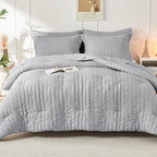 HYMOKEGE Light Grey Queen Comforter Set Seersucker 7 Pieces, All Season Luxury Bed in a Bag for Bedroom, Bedding Set with Comforters, Sheets, Pillowcases & Shams