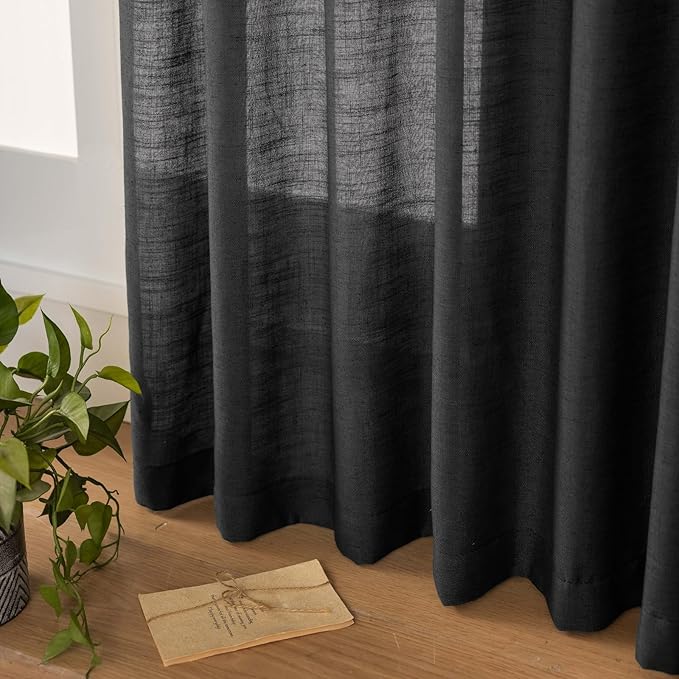 Black Linen Sheer Pinch Pleated Sliding Door Curtains, 2x50 Inches Width, Dark Moody Neutral Light Filtering Drapes 96 Inches Long, Textured Modern Farmhouse Window Curtain Panels