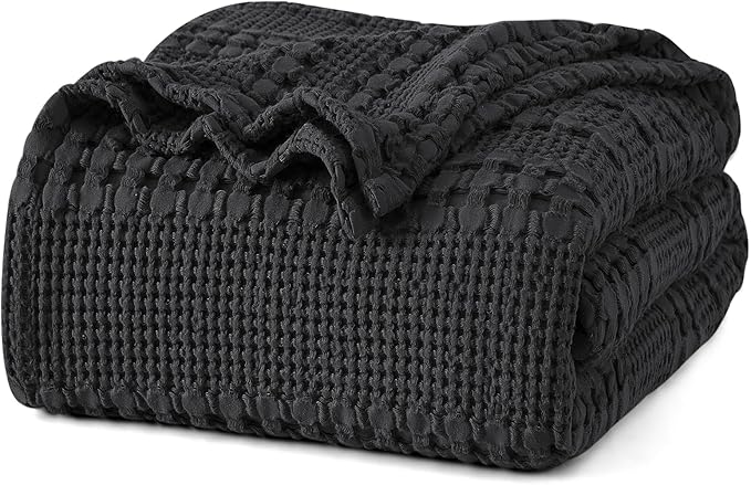PHF 100% Cotton Waffle Weave Blanket Twin Size for Bed, Soft Lightweight & Breathable, All-Season Comfort, Luxury Aesthetic Woven Bedding for Home Decor, 66"x90", Black