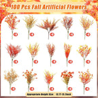 Mimorou 100 Bundle Fall Artificial Flowers Outdoor UV Resistant Autumn Orange Fake Plants Flowers Faux Plastic Greenery Decoration Shrub for Wedding Window Box Home Porch Fireplace Thanksgiving