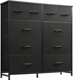 WLIVE Dresser for Bedroom with 10 Fabric Drawers, Tall Chest Organizer Units for Clothing, Closet, Storage Tower with Cabinet, Metal Frame, Wooden Top, Black Dresser for Living Room