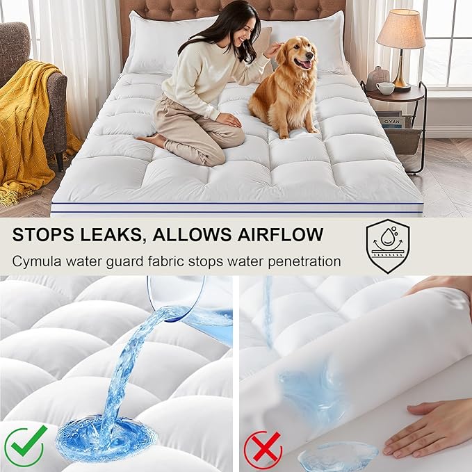 CYMULA Full XL Mattress Topper Waterproof, Cooling Mattress Pad Cover, Extra Thick Pillow Top Mattress Topper with 8-21 Inch Elasticated Deep Pockets, Plush Down Alternative Fill Mattress Protector