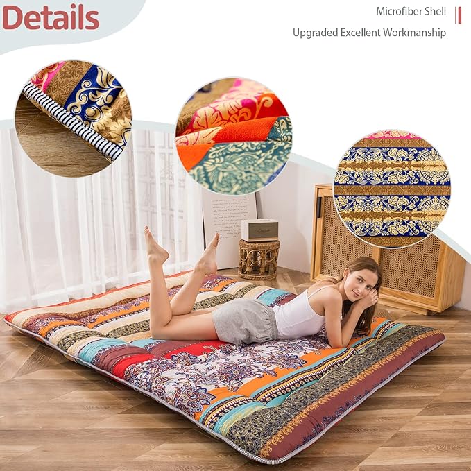 MAXYOYO Bohemian Retro Floor Mattress Vintage Floral Japanese Futon Mattress Roll Up Thicken Sleeping Bed Portable Camping Mattress Floor Lounger Couch Bed Mattress Pad, King Size