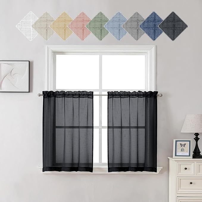 Aiyufeng Sheer Black Kitchen Curtains 24 inch Length 2 PCS, Semi Sheer Linen Curtains for Bedroom, Faux Linen Textured Burlap Short Tier Farmhouse Cafe Curtains for Small Windows, 30Wx24L inch