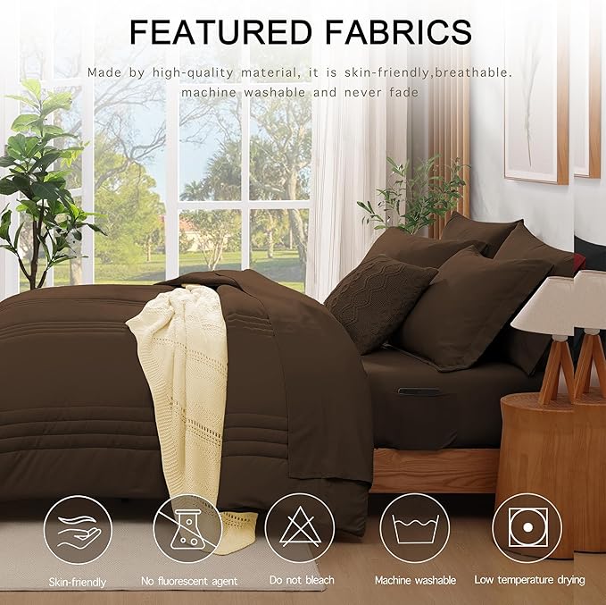 Monbix King Size Comforter Set - 7 Pieces Bed in a Bag King, Chocolate Brown Bedding Sets with Comforter, All Seasons Down Alternative Comforter Bed Set with Sheets, Pillowcases & Shams