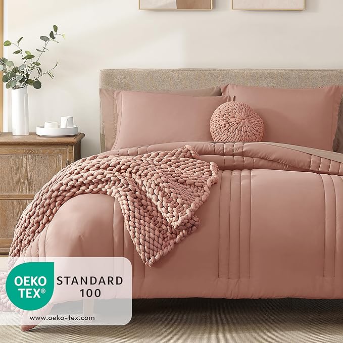 Monbix Full Comforter Set - 7 Pieces Clay Pink Bed in a Bag Full Size Bedding Sets with Comforters, All Seasons Down Alternative Comforter with Sheets,Pillowcases & Shams