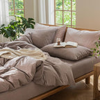 MooMee Bedding Duvet Cover Set 100% Washed Cotton Linen Like Textured Breathable Durable Soft Comfy (Heathered Mauve Brown, Oversized Queen 98"x98")