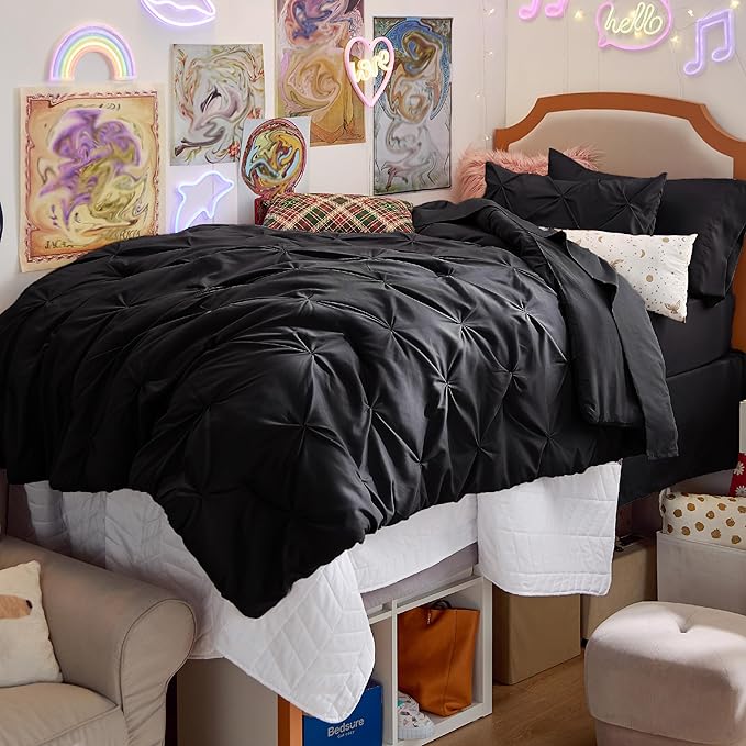 Bedsure Twin Comforter Set Black - Bed in a Bag Twin Size Bedding 5 Pieces, GentleSoft™ Pintuck Bed Set Gift for Family, Pinch Pleat Black Comforter with Sheets, Pillowcase & Sham