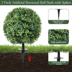 24" Artificial Topiary Boxwood Ball Tree with Ground Spike, Set of 2, UV Resistant Outside Fake Bushes Plants, Faux Cedar Balls Faux Shrubs Plastic Plants for Outdoor Indoor Front Porch Garden Decor