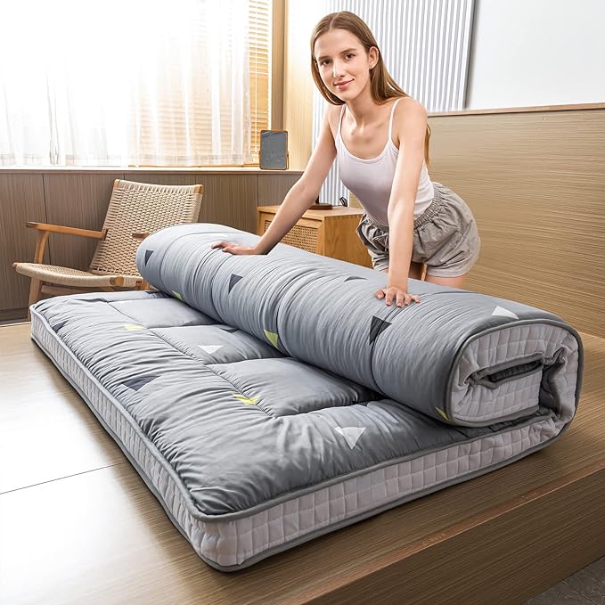 MAXYOYO Grey Triangle Futon Mattress, Japanese Floor Mattress Quilted Bed Mattress Topper, Extra Thick Folding Sleeping Pad Breathable Floor Lounger Guest Bed for Camping, Queen Size
