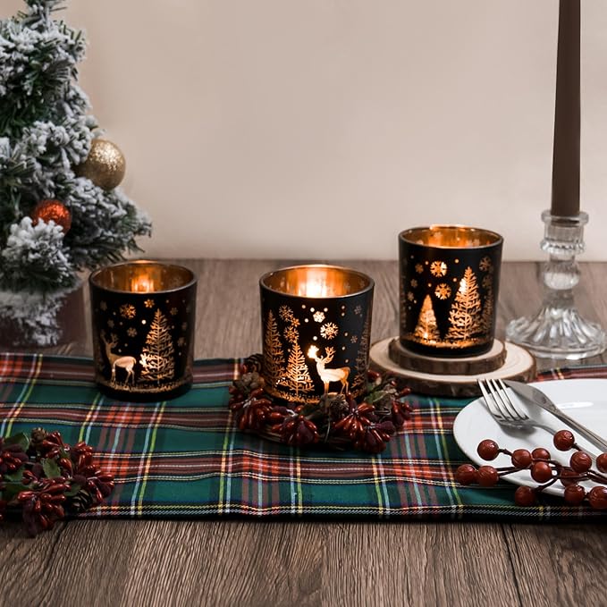 Votive Candle Holders, Black and Gold Glass Tealight Candle Holder Set of 3, Christmas Candle Holder with Elk, Xmax Tree, Snowflake Pattern, Table Canterpieces for New Year Party Decor
