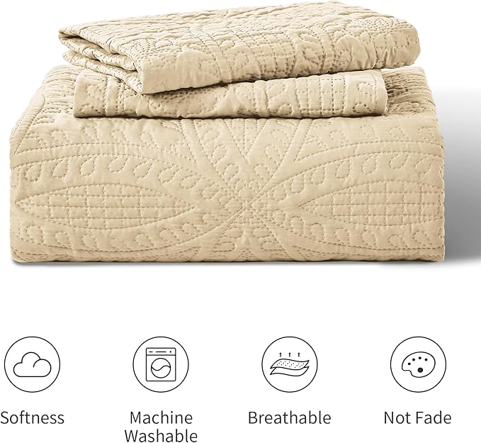 Love's cabin Quilts for Full Bed Camel Bedspreads Bedding Set - Lightweight Bedspread Comforter - Coin Pattern Bedding Coverlet for All Season - 3 Pieces (1 Quilt, 2 Pillow Shams)