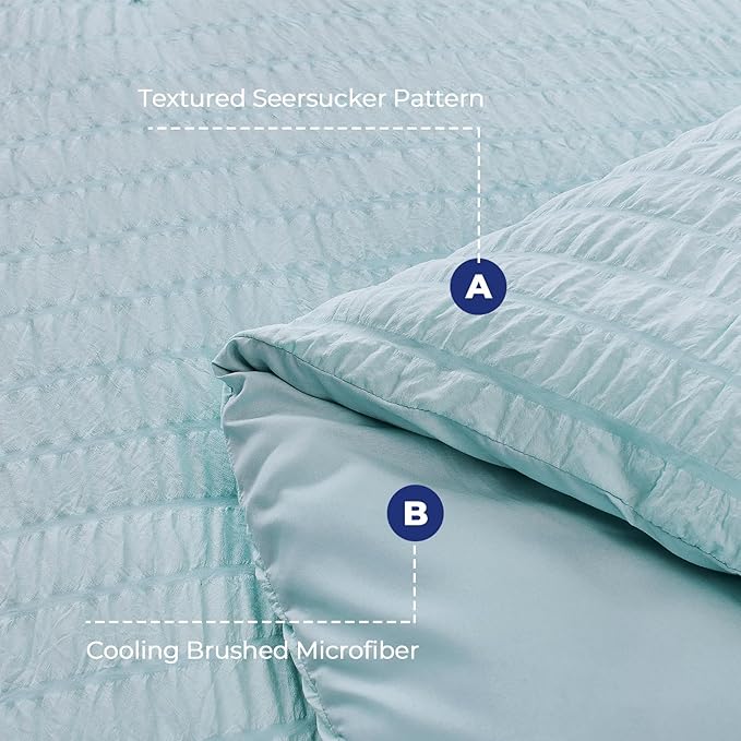 HYMOKEGE Lake Blue Twin Comforter Set Seersucker 5 Pieces, All Season Luxury Bed in a Bag for Bedroom, Bedding Set with Comforters, Sheets, Pillowcase & Shams