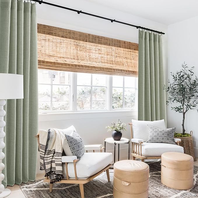 RYB HOME Linen Sheer Curtains and Drapes for Living Room and Dining Room 90 inches Length, Breathable Weave Textured/Rod Pocket Semi Sheer Curtains, Sage Green, W 52 x L 90 inches, 2 Panels Set