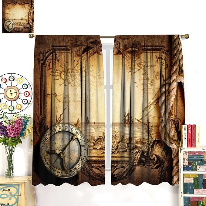 Pirate Map Curtains, Nautical Theme Old Ancient Treasure Map Secret Sea History Pattern Blackout Window Drapes for Kids Boys Bedroom Living Room 42x45 Inch