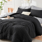 HYMOKEGE Black/Light Grey Queen Comforter Set Seersucker 7 Pieces, All Season Luxury Bed in a Bag Queen for Bedroom, Bedding Set with Comforter, Sheets, Pillowcases & Shams