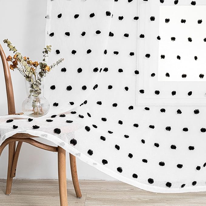 MYSKY HOME Short Pom Pom Sheer Curtains for Bedroom, Kitchen, Bathroom, Nursery, Boys Kids Room - Black, 52" x 54", Rod Pocket, 2 Panels, Halloween Small Window Curtains