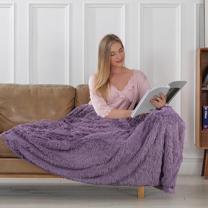Tuddrom Decorative Extra Soft Faux Fur Blanket Twin Size 70" x 78",Solid Reversible Fuzzy Fluffy Plush Fleece Comfy Microfiber Blanket for Couch Sofa Bed,Patrican Purple