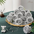 Serwalin 20pcs Artificial Silver Roses, 4'' Big Flower Head, Fake Roses Real Touch, Silk Roses Long Stems Realistic Bouquet for Wedding Parties Table Centerpiece and Home Decor