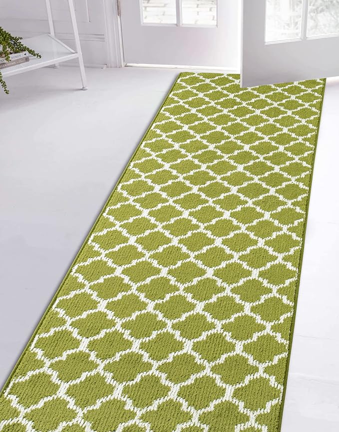 Custom Size Moroccan Trellis Runner Rug Mat for Wide Hallway Entryway Kitchen Laundry Room with Slip Resistant Latex Rubber Backing, Trellis Green, 31 inch X 15 feet