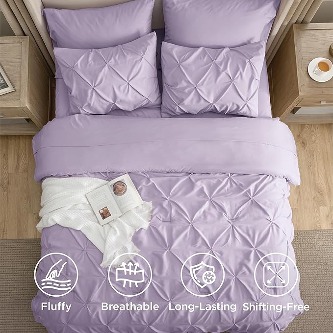 Bedsure Twin Comforter Set Light Purple - Bed in a Bag Twin Size Bedding 5 Pieces, GentleSoft™ Pintuck Bed Set Gift for Family, Pinch Pleat Light Purple Comforter with Sheets, Pillowcase & Sham