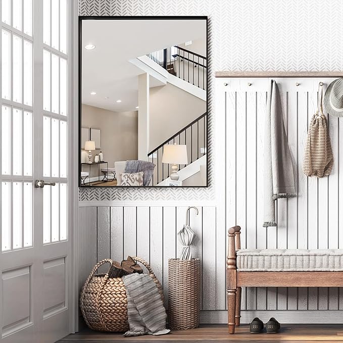 40x30 Inch Black Bathroom Mirrors for Over Sink, Wall Mirror, Metal Framed, Modern Rectangle Mirror, Wall-Mounted Vanity Mirrors Horizontal/Vertical