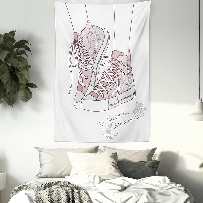 Lunarable Cartoon Tapestry, Shoes with Floral Pattern Teenage Girls Sneakers Flowers Birds Retro Urban, Wall Hanging for Bedroom Living Room Dorm Decor, 60" X 80", Rose White