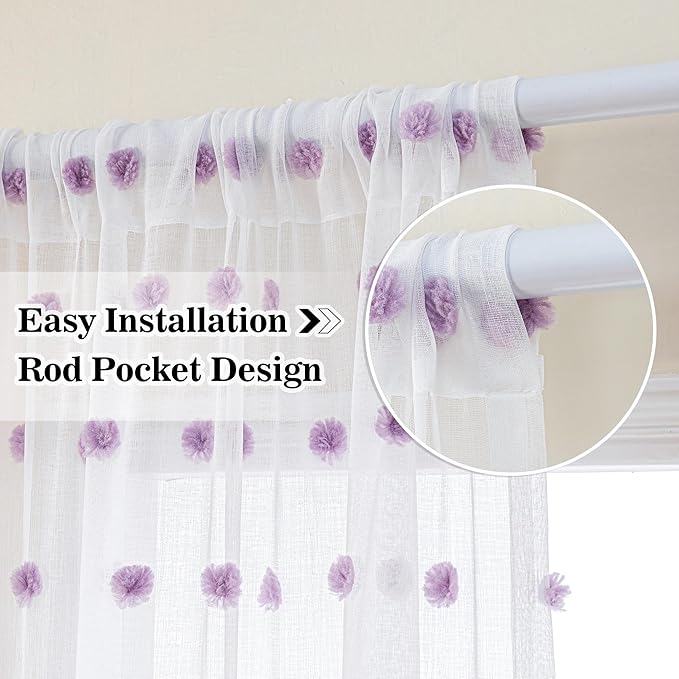 MYSKY HOME White Sheer Curtains for Bedroom 63 Inch Length Purple Pom Pom Short Curtains for Girls Room Kids Curtains Dining Room Rod Pocket Light Filtering Small Window Drapes 52 x 63 in 2 Pieces