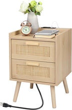 Finnhomy Nightstand with Charging Station, Bedside Table with 2 Hand Made Rattan Decorated Drawers, Night Stand with Storage for Bedroom, Natural, Set of 2