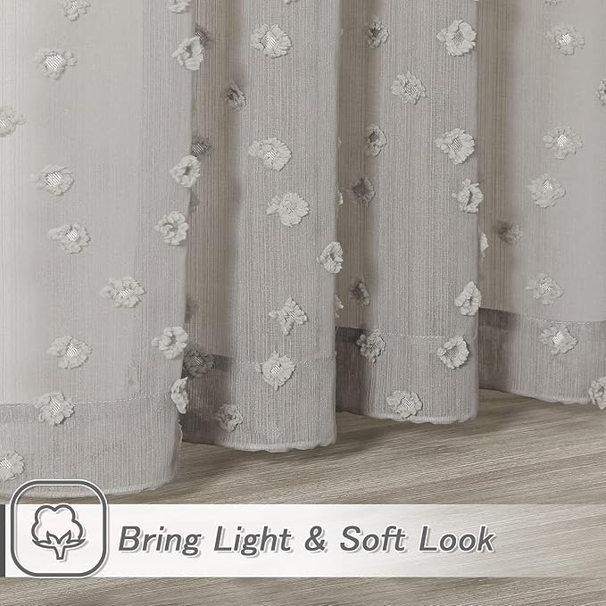 MYSKY HOME Pom Pom Grey Sheer Curtains for Bedroom Girls Room Curtains for Nursery Kids Light Filtering Boho Window Drapes, Rod Pocket, 52 x 95 Inches, 2 Panels