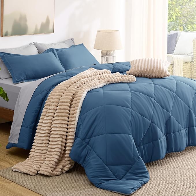Bedsure King Size Comforter Set - 7 Pieces Reversible Slate Blue Bedding, King Size Bed Set for All Seasons, Bed in a Bag with Down Alternative Comforter, Sheets, Pillowcases & Shams